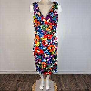 Vibrant Abstract Floral Summer Dress Ruched Waist Midi Brunch Aesthetic S-M